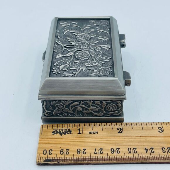 Small Floral Rectangular Pewter Silver Lined Trinket Jewelry Box Hinged Lid - Picture 8 of 10